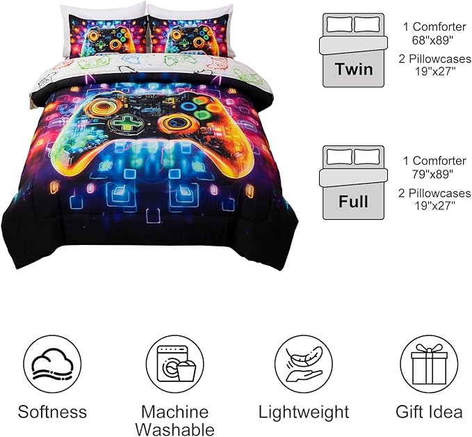 Aimuan Gamer Gaming Bedding Sets 3D Gamepad Comforter Sets for Boys Games Console Action Buttons Novelty Colorful Game Controller Modern Room Decor Home Quilt Set (Black-Blue, Twin)