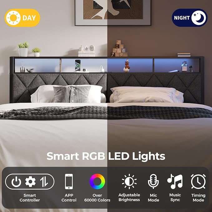 King Headboard Only, Headboard for King Size Bed with Storage, Upholstered Headboards with LED Lights & Charging Station, Attach Frame, Ideal for Bedroom/Dorm/Guest Room, Dark Grey & Brown