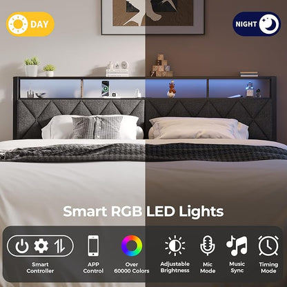 King Headboard Only, Headboard for King Size Bed with Storage, Upholstered Headboards with LED Lights & Charging Station, Attach Frame, Ideal for Bedroom/Dorm/Guest Room, Dark Grey & Brown