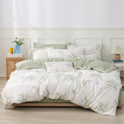 White Cotton Comforter King Size 3Pcs - Blue Branches & Orange and Green Buds on White, Chevron Sage Green Back, Reversible Lightweight Bedding Sets with Soft Fill(King, 104"×90")