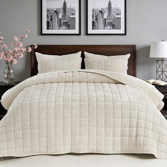 KASENTEX Greek Velvet Twin Quilt Set, 3× Softer Luxe Sheen, 100% Cotton Backing, 150GSM Down-Alternative Fill, Expanded 68×90" Coverage for Fuller Side Drape (1 Quilt + 1 Pillow Shams), Whisper White
