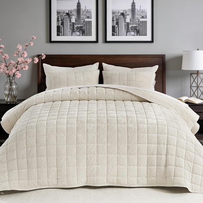 Greek Velvet King Quilt Set, Ultra-Soft Luxe Sheen, 100% Cotton Backing, 150GSM Down-Alternative Fill, Expanded 108×98" Coverage for Fuller Side Drape (1 Quilt + 2 Pillow Shams), Whisper White