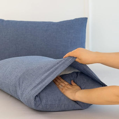 MooMee Bedding Pillowcases Pack of 2 100% Washed Cotton Linen Like Textured Breathable Durable Soft Comfy (Heathered Blue, King)