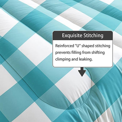 3Pcs Gingham Bedding for Girls,Geometric Patchwork Comforter Set for Boys Girls Kids,Teal Plaid Checkered Comforter for Kids,Queen Size Vintage Farmhouse Bedding Set 1 Quilt 2 Pillowshams