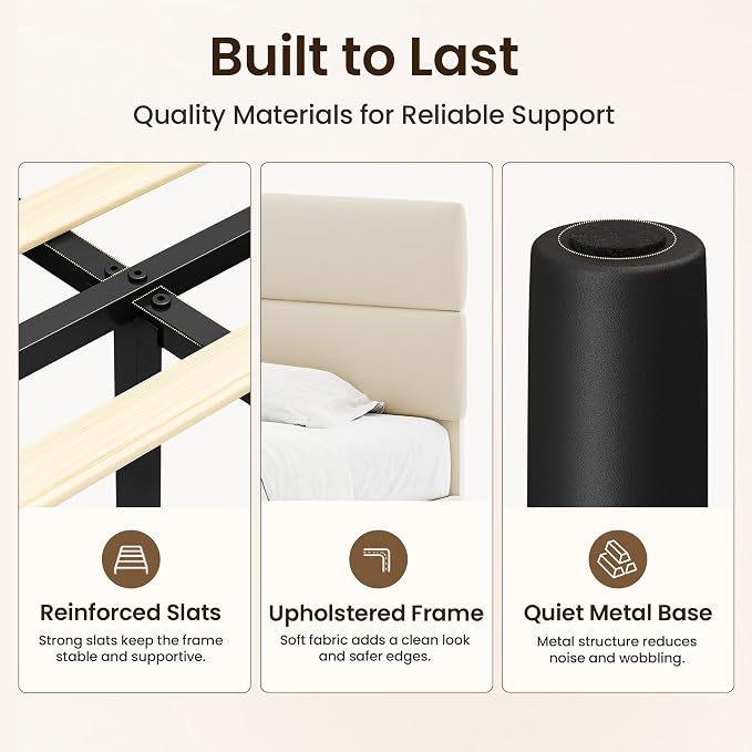 GRUSIGN Full Size Platform Bed Frame with Velvet Headboard, Adjustable Height Wooden Slats Support, Upholstered Mattress Foundation, Fits Mattress or Mattress with Box Spring, Easy Assembly, Beige