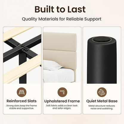 GRUSIGN Full Size Platform Bed Frame with Velvet Headboard, Adjustable Height Wooden Slats Support, Upholstered Mattress Foundation, Fits Mattress or Mattress with Box Spring, Easy Assembly, Beige