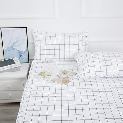 Best Season Printed Plaid Bed Sheet Set 4 Pieces - Queen Size - Double Brushed Microfiber Super Soft Breathable Bedding Sheets Black Grid