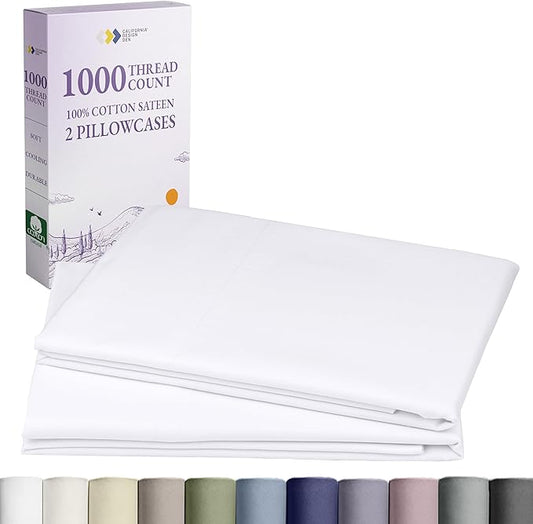California Design Den King Size Pillow Cases Set of 2-1000 Thread Count Sateen, Soft and Thick 100% Cotton King Pillowcase Pair, Durable - White