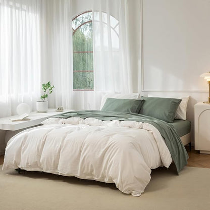 JIYUAN Full Size Sheet Set, 4-Piece - 100% Washed Cotton, Linen-Like Soft & Breathable, Includes Deep Pocket Fitted & Flat Sheet with 2 Pillowcases, Hotel Quality, Heathered Green