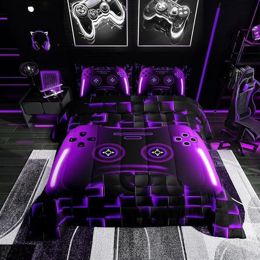 Gaming Full Size Bedding Sets For Kids Boys Teen Girls Game Controller Comforter Set 3Pcs Gamer Bedding For All Season,Purple And Black Geometric Checkered Quilt Set For Young Men,Soft Lightweight
