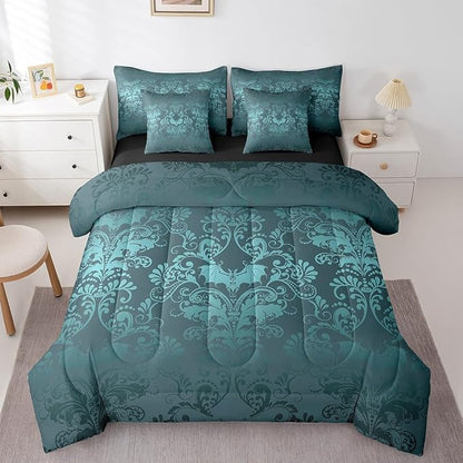 Erosebridal Gothic Damask Bed in a Bag King Size Comforter Set 7 Pieces,Halloween Bat Bedding Sets Turquoise Victorian Floral Goth Sheet Set with Comforter