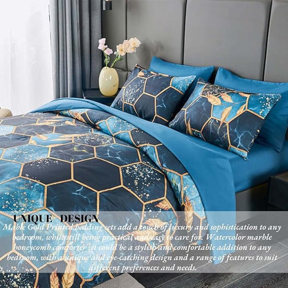 ANGIYUIN Blue Gold Marble California King Bedding Sets for Women Men, 7Pcs Geometric Hexagon Theme with Gold Leaves Bed in A Bag with Sheets, Watercolor Honeycomb Soft Bedding Comforter Set