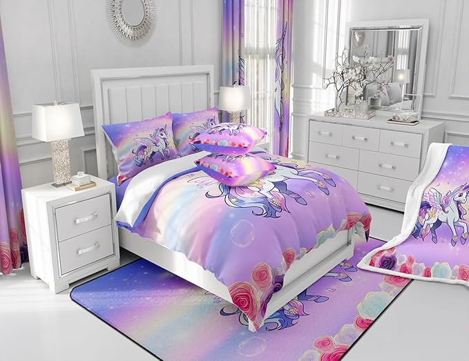 Kids Girls Unicorn Bedding Set Pink Purple Rainbow Duvet Cover Set Cartoon Unicorn Comforter Cover Rose Flowers Bedspread Cover Bedroom Quilt Cover Queen with 2 Pillowcase,No Comforter