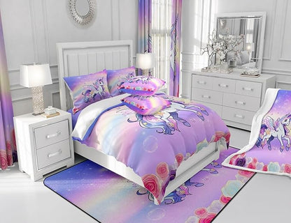 Kids Girls Unicorn Bed Comforters Set Queen Size,Pink Purple Rainbow Super Soft Microfiber Bedding Set for Boys Girls,Cartoon Unicorn Rose Flowers Room Decorative Comforter Set,2 Pillowcase