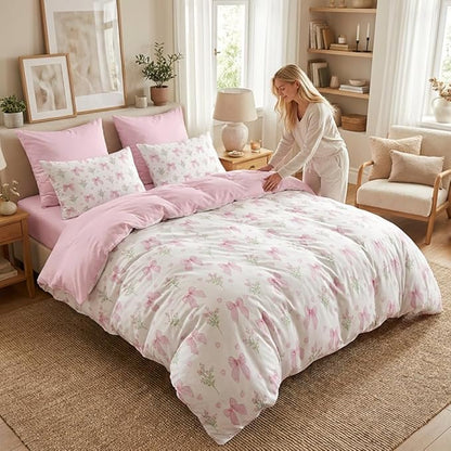 Nayoroom Pink Bow Comforter Set Queen Size Coquette Pink Floral Comforter 3 Pieces Soft Lightweight Kids Girls Cute Aesthetic Dorm Bedding Set for All Seasons