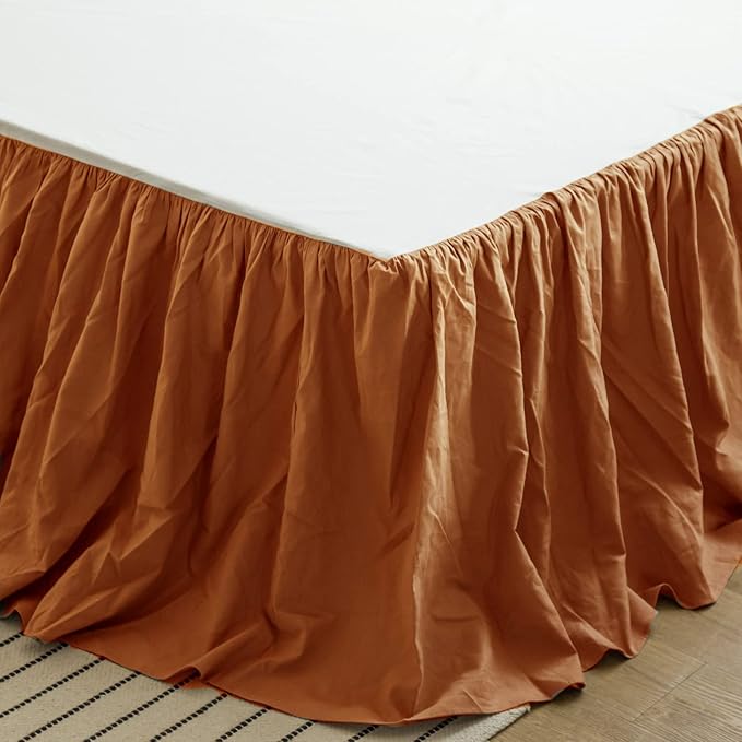 BISELINA French Linen Bed Skirt with Pleated Frills 22-Inch Tailored Drop Natural Flax Cotton Blend Dust Ruffle Soft Cozy Farmhouse Bedding (22" Queen, Rust)