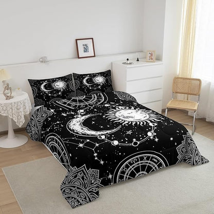 Sun and Moon Bedding Set Constellation Galaxy Comforter for Kids Boys Girls Teens Psychedelic Boho Mandala Comforter Breathable Celestial Duvet Set Black White Room Decor Quilt Cover Twin Size
