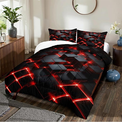 Red Black Geometric Comforter Set King Size 3D Stereoscopic Square Bedding Set Glowing Neon Geometry Bedding Sets 3 Piece Soft Microfiber Down Alternative Comforter Sets for All Season