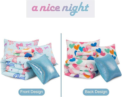 A Nice Night Twin Comforter Set for Girls 6 Piece Bedding Sets Soft Polyester Bed in a Bag with Multi-Color Chic Bows Pattern,Blue Background Room Decor for All Season