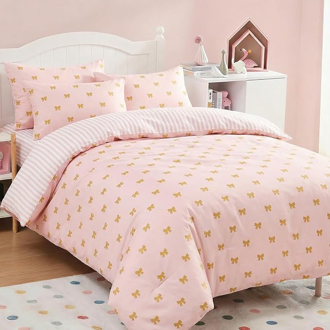 Pink Comforter Set Queen Gold Bow Bedding Set for Girls Kids, Reversible Pink White Wide Striped Pattern, Coquette Comforter 3 Pieces, with 2 Pillowcases, Soft 100% Microfiber