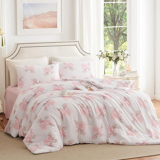 Nayoroom Pink Bow Comforter Set Full Size Pink Floral Bed Comforter for Girls 3 Pieces Soft Lightweight Kids Cute Coquette Bedding Set for All Seasons