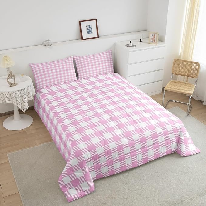 Manfei Pink Plaid Comforter Set Buffalo Check Plaid Bedding Set Classic Gingham Pattern Bedding Home Decor Pink White Scottish Comforter Twin Size Quilted Duvet Set 1 Comforter with 1 Pillowcase