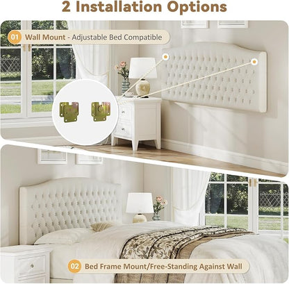 King Headboard Only, Upholstered Headboard King Size for Adjustable Bed Linen Tufted Wall Mounted Head Board with Solid Wood Legs, Ivory