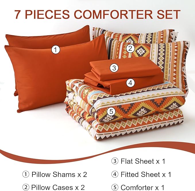 Dinjoy California King Comforter Set Size, Burnt Orange Striped Cali King Bed Set Fall Bedding Sets Terracotta 7 Pieces Boho Bed in a Bag Comforters with Sheets Aztec for Women