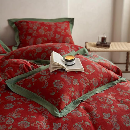 mixinni Exquisite Vintage Red Floral Duvet Cover King Size Yarn-Dyed Jacquard Textured Design Duvet Cover Set with Green Edge Design Premium Muslin Cotton-Linen Bedding Set for All Season-King Size