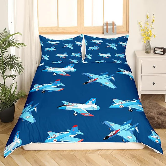 Castle Fairy Kids Aircraft Bedding Set Cartoon Transportation Vehicles Duvet Cover Set Boys Airplane Comforter Cover Navy Blue Bedspread Cover Bedroom Quilt Cover Full with 2 Pillowcase,No Comforter
