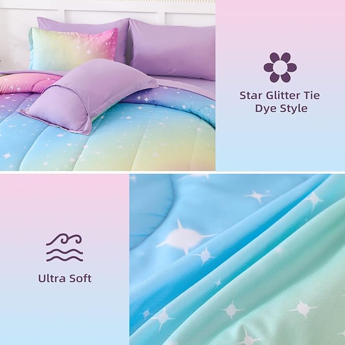 Drucon Rainbow Comforter Set Queen Size for Teen Girl &Boys,7 Pieces Bed in A Bag Blue Blush Rainbow Bedding Set Queen Size(1 Comforter, 1 Flat Sheet, 1 Fitted Sheet, 2 Pillow sham, 2 Pillowcases)