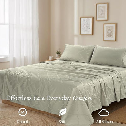 Threadmill Cotton Twin XL Sheet Set | 100% Cotton Sheets for Twin XL Size Bed | Damask Jacquard Sateen Twin XL Bed Sheets Set with 16” Deep Pocket | Soft Breathable 3-Piece Cooling Sheet Set | Sage