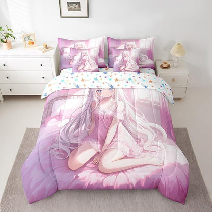 Erosebridal Full Size Japanese Anime 7 Piece Comforter Set, Anime Girl Bedding Set Kawaii Japanese Style Bed in A Bag Cartoon Japan Animation Sheet Set for Boys Teen Adult Women Bedroom,Pink