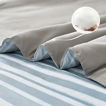 KAKIJUMN 7 Piece Bed in a Bag Stripe Comforter Set Queen Size, White Grey Blue Patchwork Striped Comforter and Sheet Set, All Season Soft Microfiber Complete Bedding Set(Light Blue,Queen)