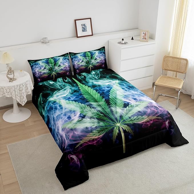Castle Fairy Marijuana Leaf Bedding Set King Size Misty Cannabis Leaf Comforter Set for Girls Boys Teens Room Decor Wild Weed Plant Down Comforter Gothic Nature Plants Quilt Set with 2 Pillowcases