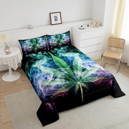 Castle Fairy Marijuana Leaf Bedding Set King Size Misty Cannabis Leaf Comforter Set for Girls Boys Teens Room Decor Wild Weed Plant Down Comforter Gothic Nature Plants Quilt Set with 2 Pillowcases