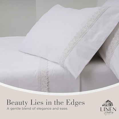 Linen Home 100% Cotton Percale Gardenia Lace Pillowcases Queen/Standard Size, White, 2 Pieces of Pillow Case, Crisp and Cool Strong Bed Linen, 20 inches X 30 inches