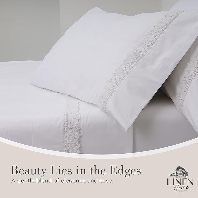 Linen Home 100% Cotton Percale Gardenia Lace Pillowcases King Size, White, 2 Pieces of Pillow Case, Crisp and Cool Strong Bed Linen, 20 inches X 40 inches