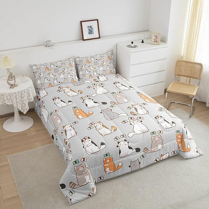 Erosebridal Cartoon Cat Duvet Insert Full for Kids Boys Girls, Cute Butterfly Print Quilt for Room Decor, Kawaii Animal Kitten Bedding Set Pet Theme Down Comforter, Luxury Soft Comforter Set, Grey