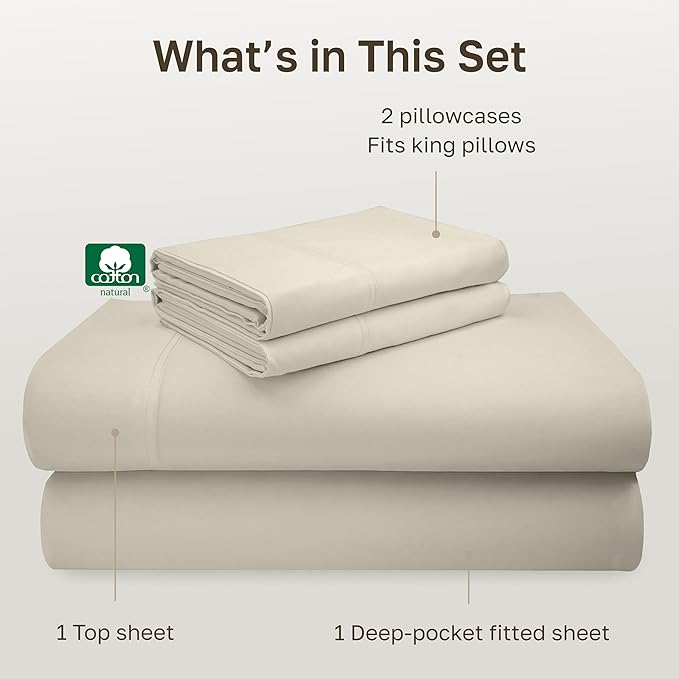 California Design Den Deep Pocket King Sheets Set - Luxury 600 Thread Count 100% Cotton Sateen, King Size Sheet Set, All Around Elastic, Snug Fit, Hotel Quality Bedding - Ivory (Warm Cream)