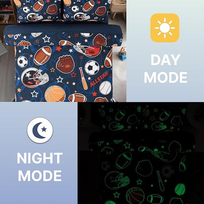 Full Size Comforter Set for Boys-7 Pieces Sports Ball Games Glow in the Dark Full Bedding Sets for Kids, Ultra Soft Bed in A Bag with Sheets