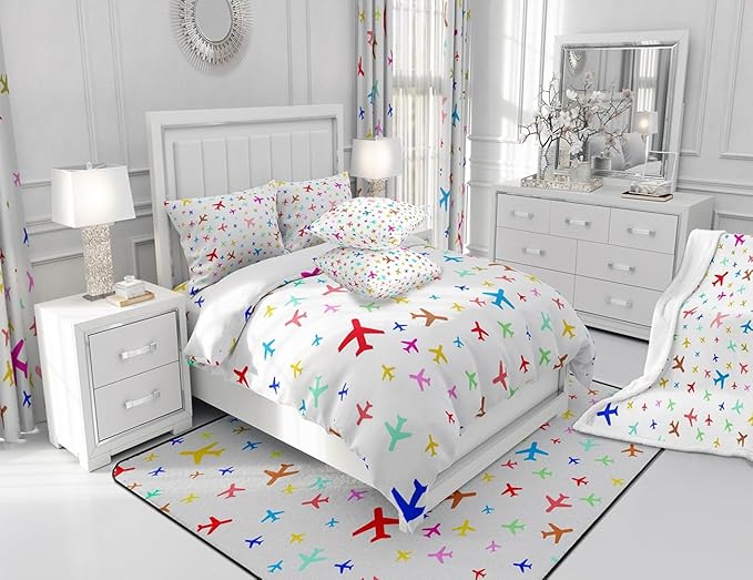 Castle Fairy Kids Aircraft Bedding Set for Boys Girls,Watercolor Transportation Vehicles All Season Cozy Comforter Set Full Size,Boys Airplanes Colorful Duvet Set Bedroom Décor,Gift for Kids