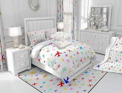 Castle Fairy Kids Aircraft Comforter Set King,Watercolor Transportation Vehicles Bedding Set for Boys Girls Teens Bedroom Decor,Boys Airplanes Colorful Quilt Set Super Soft Duvet Set,Gift for Her Him