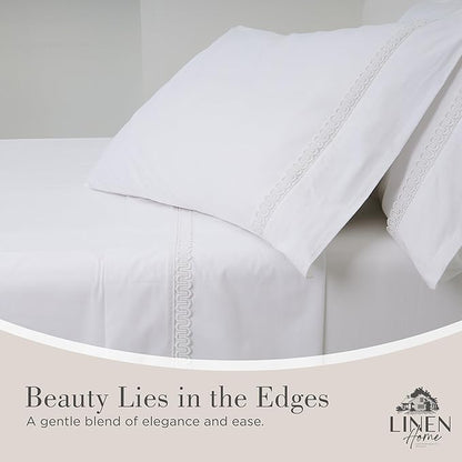 Linen Home 100% Cotton Percale Interlocked Loops Lace Pillowcases King Size, White, 2 Pieces of Pillow Case, Crisp and Cool Strong Bed Linen, 20 inches X 40 inches