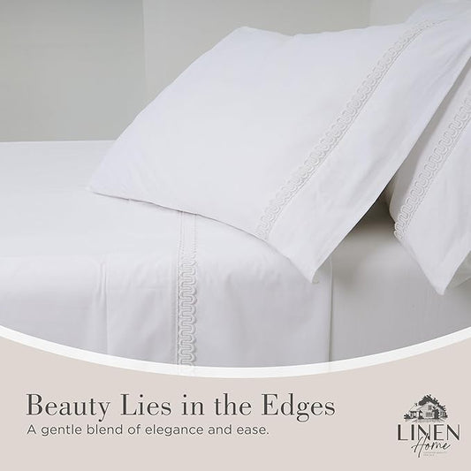 Linen Home 100% Cotton Percale Interlocked Loops Lace Pillowcases King Size, White, 2 Pieces of Pillow Case, Crisp and Cool Strong Bed Linen, 20 inches X 40 inches