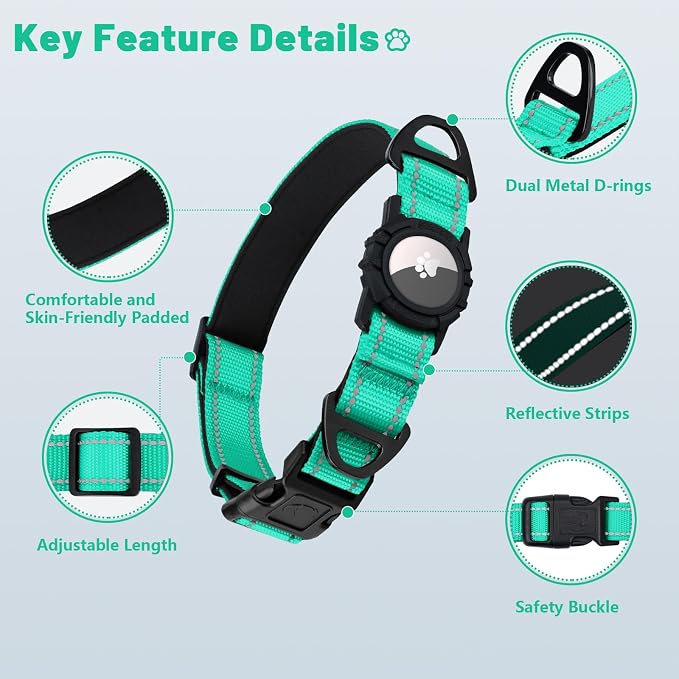 Taglory AirTag Dog Collar with Waterproof Holder for Small Dogs, Turquoise | Reflective for Night Walks & Low-Light Safety, Track Your Pup Peace of Mind, Adjustable Soft Padded, No More Dangling Tags