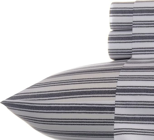 Nautica - Queen Size Sheet Set, Crisp & Tailored Cooling Sheets with a Smooth Cotton Percale Lightweight Feel - Bed Sheets with Matching Pillowcases & Fitted Sheet (Coleridge Stripe Charcoal)