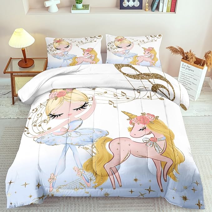 Golden Unicorn Girls Comforter Set Queen Kawaii Unicorn Bedding Set Queen Cute Horse Comforter Girls Bedroom Decor White Animal Print Bedding Bed Decor Animal Print Quilt