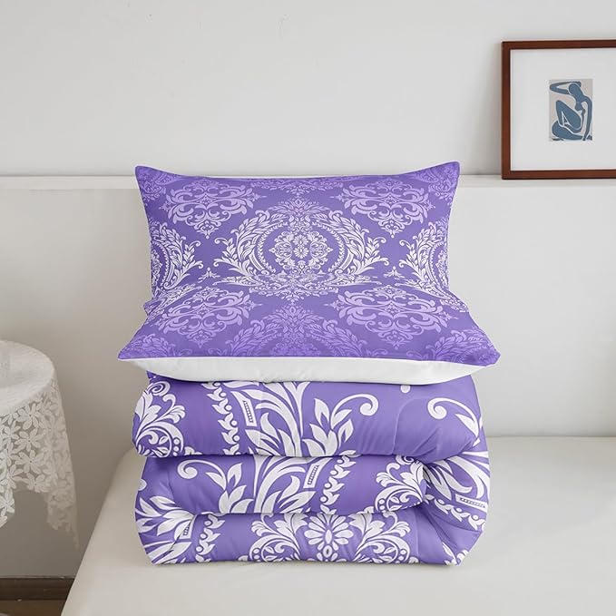 Feelyou Adults Purple Vintage Damask Floral Comforter Set Oriental Antique Comforter Queen Size Gothic Bohemia Boho Flower Bedding Set Bohemian Exotic Duvet Set Quilt Set 3Pcs