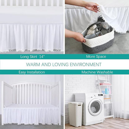 Crib Bed Skirt White for Girls Boys Pleated with Tassel Pompoms Dust Ruffled 14" Drop, Fit All Standard Crib Toddler Bed Skin-Friendly & Soft Machine Washable Nursery Bedding Skirts